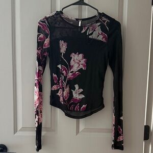 Free People Black and Pink Floral Long Sleeve Top